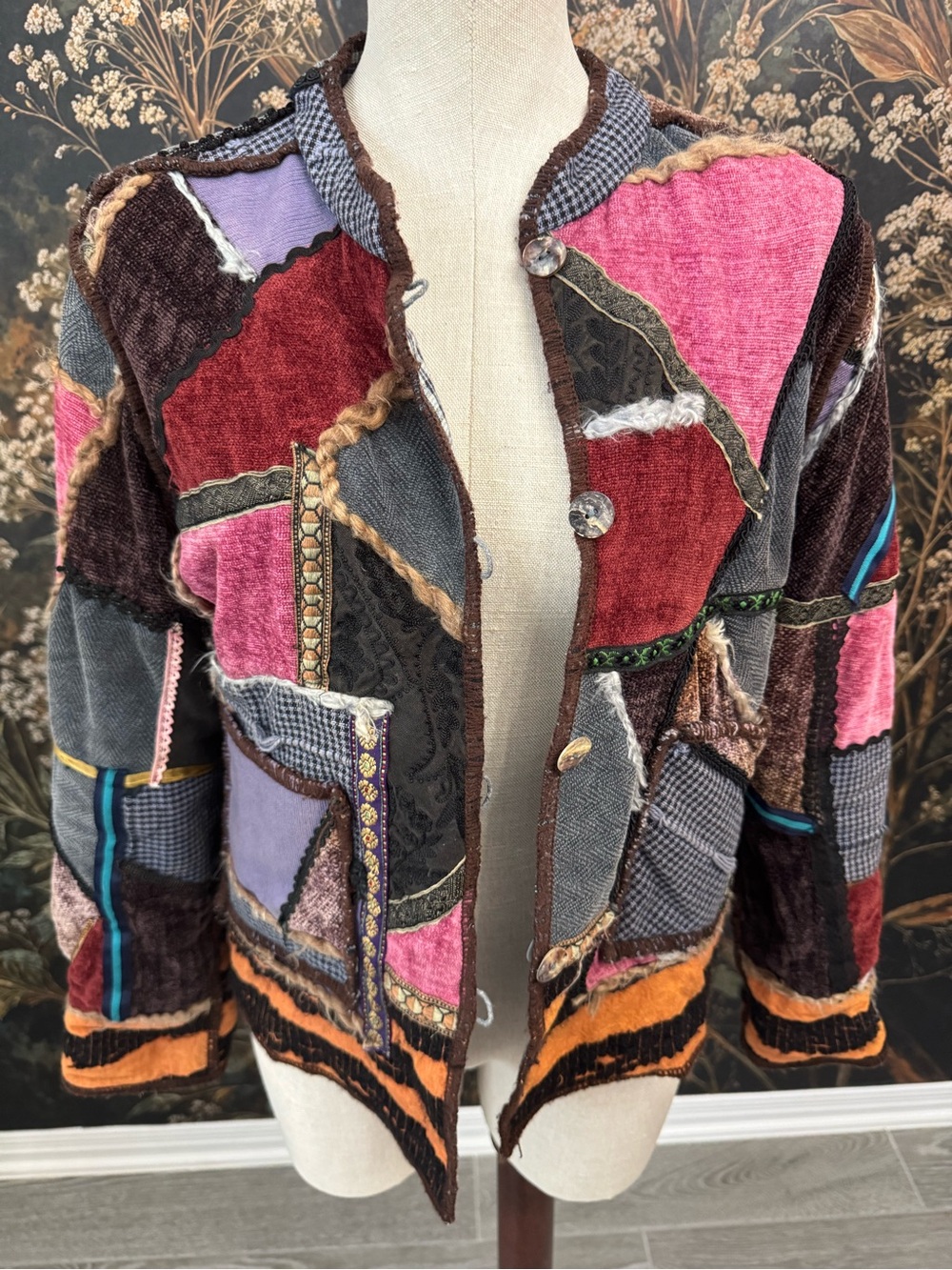 Vintage Multicolor Patchwork Velvet Bomber Jacket - Pink Red Purple Orange Brown